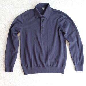 Uniqlo Polo Sweater Mens M Navy Blue 100% Wool Long Sleeve Knit Minimal Classic